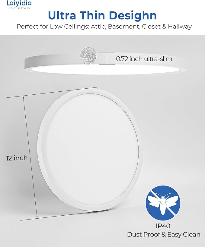 12 Inch LED Flush Mount Ceiling Light White, 5CCT 2700K-6500K, 2640LM 240W Equivalent, Slim Flat LED Light Fixture for Bedroom Laundry Hallway Closet