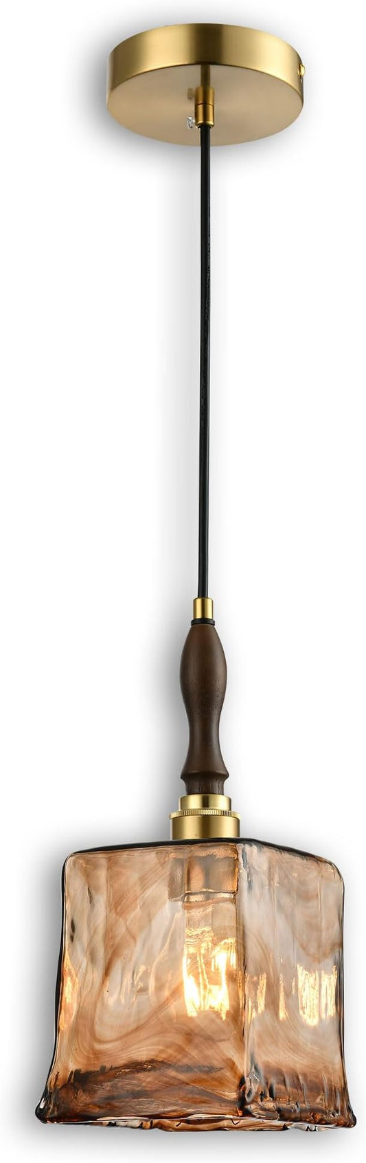 Modern Amber Glass Pendant Light, 5.25"x11.7" Elongated Hanging Fixture with Wood Grip & Brass Accent, 15"-72" Adjustable Line, E26 Socket – Golden Amber Rectangular