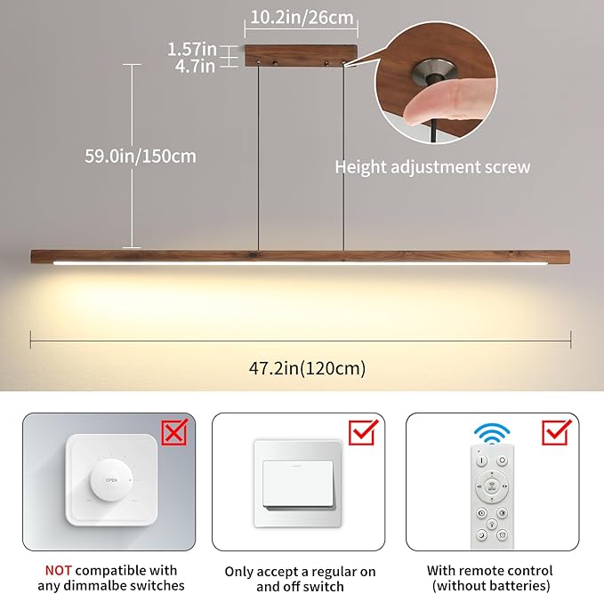 Modern Wooden Pendant Light, 47IN Walnut Wooden Chandelier with Remote Control 3000k-6500K Adjustable Color Temperature，Aluminum Island Lighting Lamp for Dining Room, Living Room, Kitchen