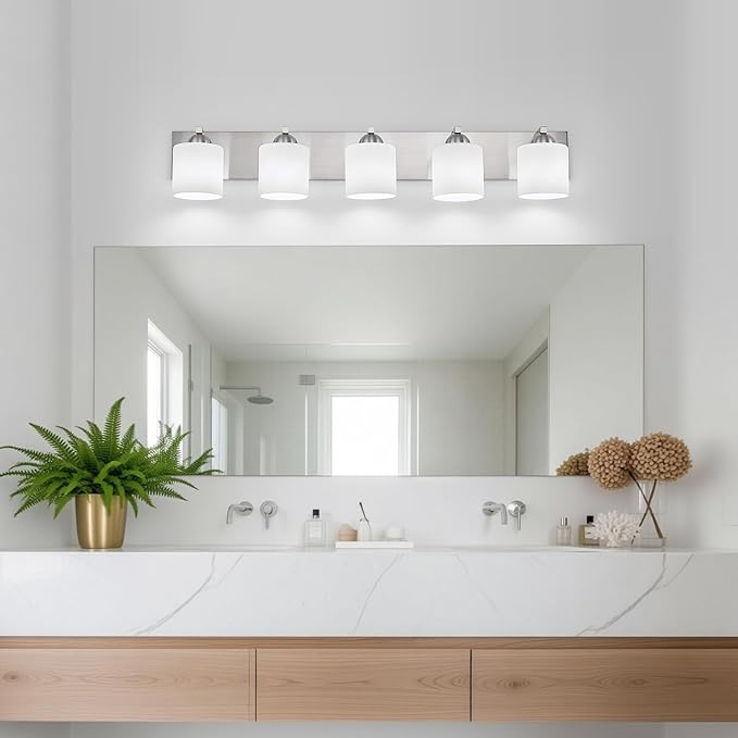 mirrea 38-Inch 5-Light Brushed Nickel Vanity Lights for Bathroom, Vanity Lighting Fixtures with Etched White Glass Shades
