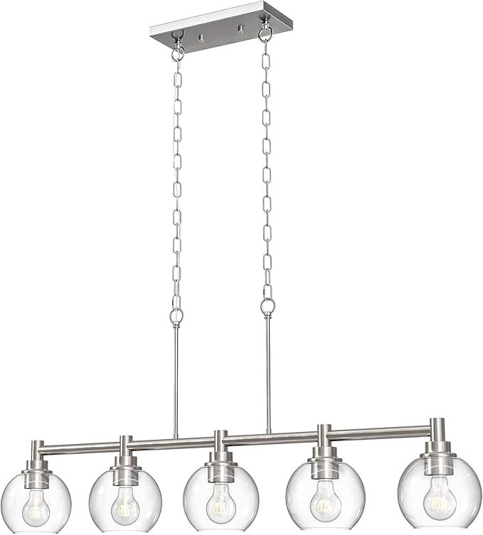 VONLUCE Dining Room Light Fixture Over Table, 5-Light Kitchen Island Lighting with Round Glass Shades & Adjustable Hanging Heights, Linear Chandlier for Dining Room Kitchen, Nickel, ETL Certificated