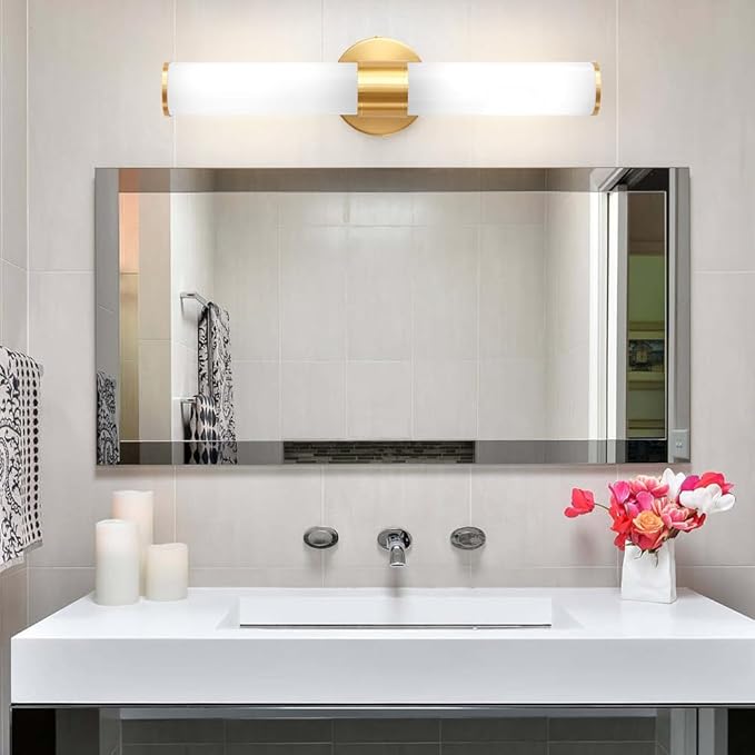 Gold Bathroom Light Fixtures, Vanity Lights for Mirror with Milk Glass Shade, 20 Inch Up and Down Wall Sconces for Bathroom Bedroom Living Room Hallway - Bulb Not Included