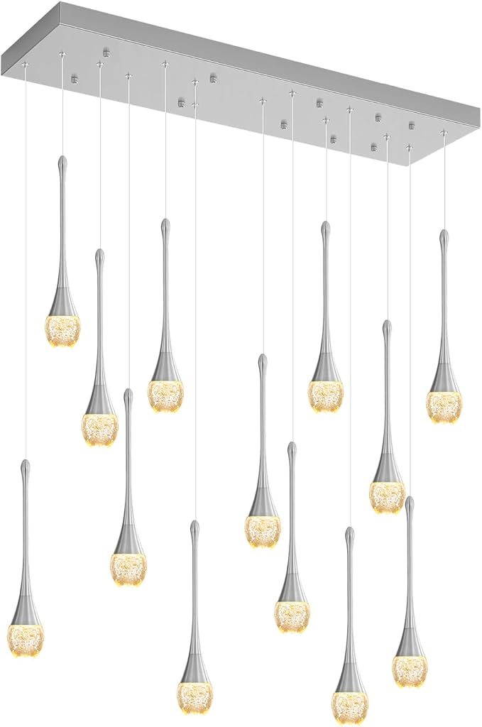 ykolupty Modern Rectangular Chandelier,14 Lights Silver Raindrop Chandelier Lighting,Industrial Linear Pendant Ceiling Light Fixture for Dining Living Room Kitchen Island