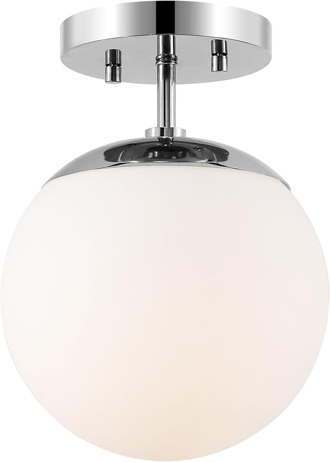 JONATHAN Y 7.75" Chrome/White Modern Semi Flush Mount Ceiling Light, LED Fixture for Entryway, White Frosted Glass Globe Shade, Mid-Century Farmhouse Lighting for Bedroom Hallway (JYL7499D)