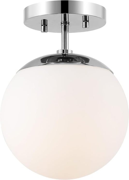 JONATHAN Y 7.75" Chrome/White Modern Semi Flush Mount Ceiling Light, LED Fixture for Entryway, White Frosted Glass Globe Shade, Mid-Century Farmhouse Lighting for Bedroom Hallway (JYL7499D)
