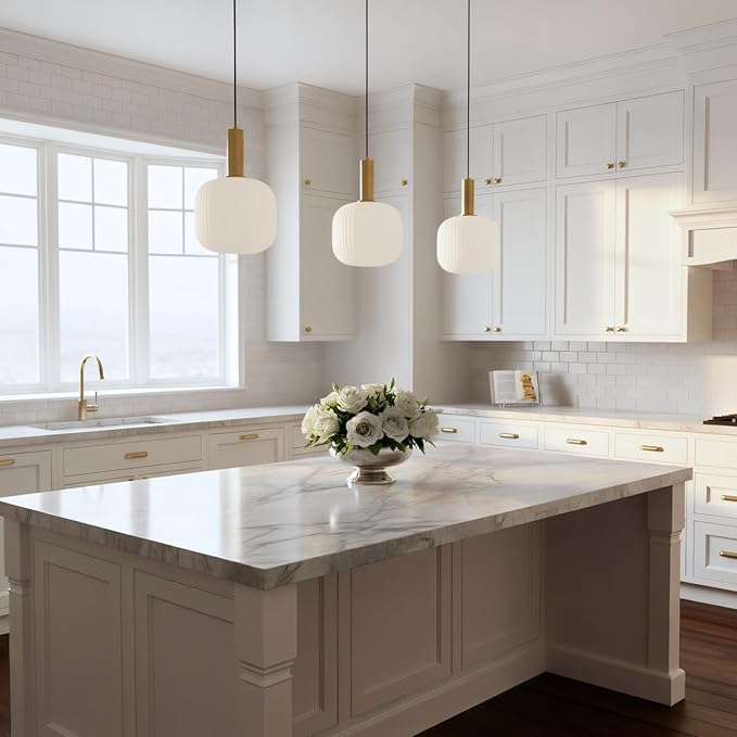Mid Century Modern Plug in Hanging Light Milk Glass Pendant Light White and Gold Hanging Lamp Plug in Chandelier Lighting with Long Cord for Bedroom Living Room Dining Room Kitchen