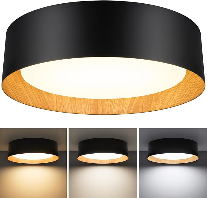Flush Mount Ceiling Light, 13in 250W Equivalent LED Ceiling Light Fixture, 3CCT Adjustable 3000K 4000K 5000K, Dimmable Black and Wood Modern Ceiling Lamp for Bedroom Bathroom Hallway