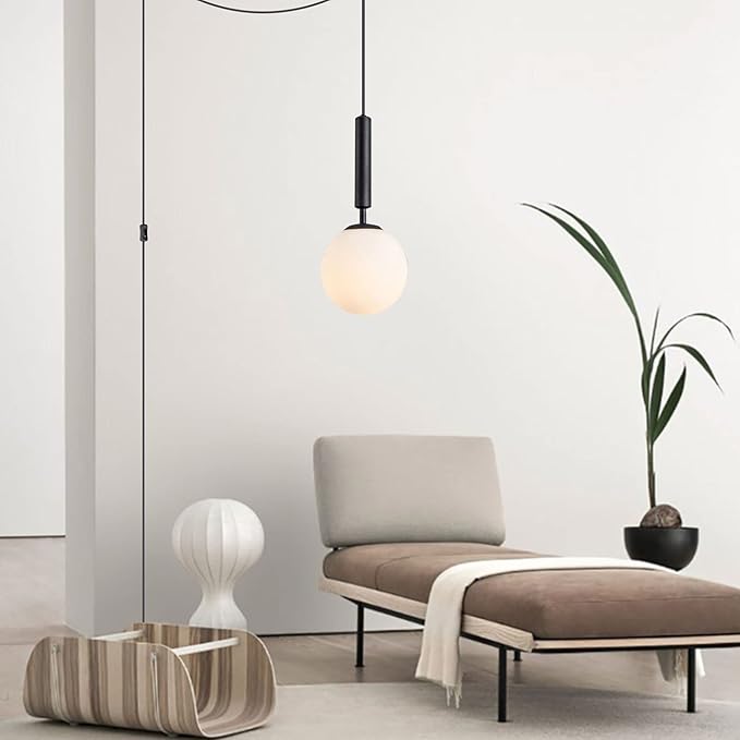 KCO Lighting Modern White Glass Globe Pendant Light Nordic Plug-in Hanging Light Fixture with Adjustable Wire Postmodern Geometric Ball Chandelier for Kitchen Island Dining Room (Black)