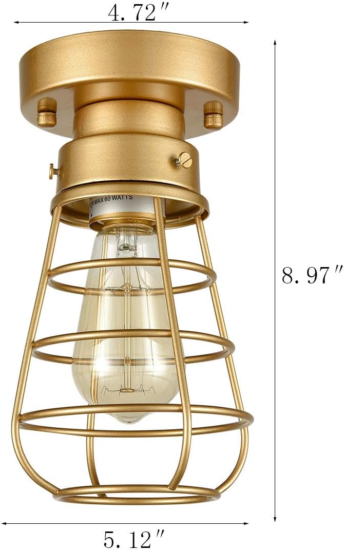 Industrial Flush Mount Ceiling Light Fixture, Gold Farmhouse Mini Metal Cage Light, Vintage Rustic Close to Ceiling Light Fixture for Kitchen Hallway Entryway Entrance Stairway Laundry Room