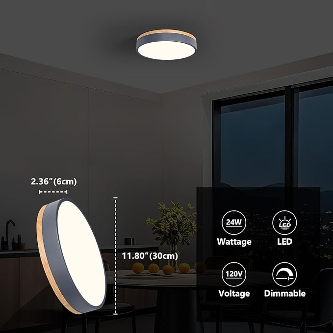 WOKNOS Dimmable Wood Oak Ceiling Light Fixture Modern Gray LED Flush Mount Ceiling Light 5CCT Minimalist Circle Close to Lighting Fixture for Bedroom Kitchen Bathroom Laundry Room 11.81 Inch