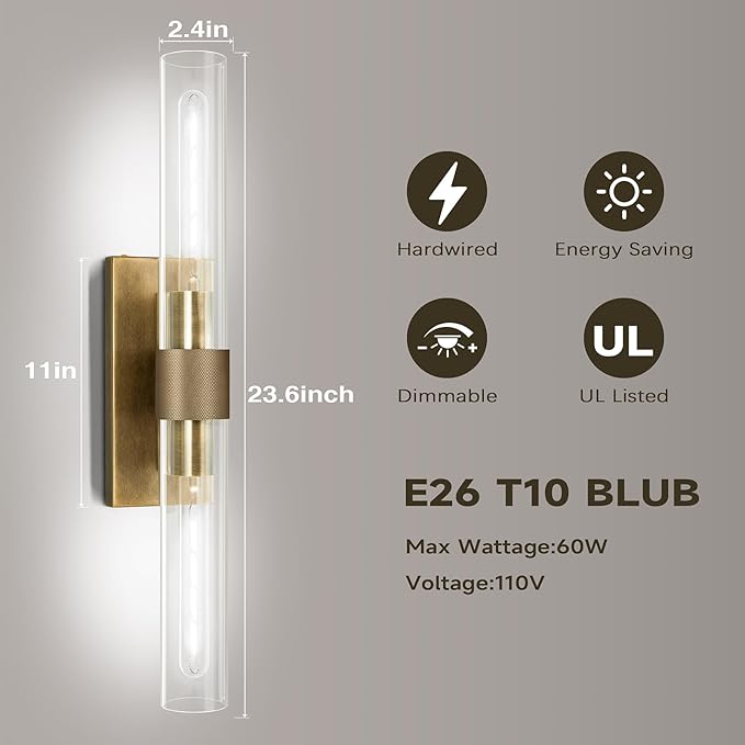 22.8" Knurled Brass Wall Sconces, 2-Light Dimmable Modern Lamp Lighting, Bronze Wall Lighting with Glass, Gold Vanity Light Fixtures Tube Sconce for Bedroom, Living Room, Hallway, Mirror, Kitchen