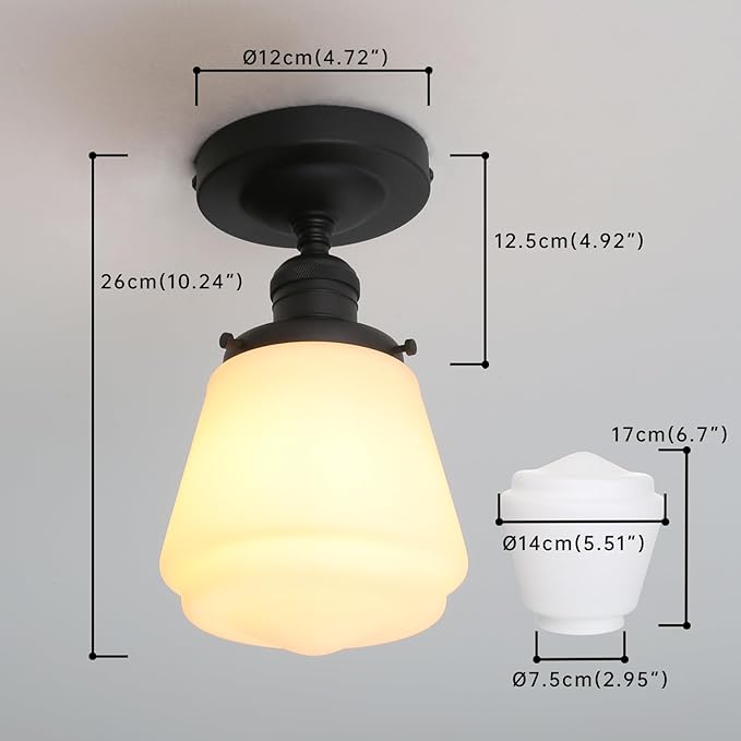 Industrial Semi Flush Mount Ceiling Light with Milk White Glass Pendant Lamp Shade, Vintage Close to Ceiling Light Fixture for Porch, Hallway, Entryway, Kitchen, Bedroom, Hotel