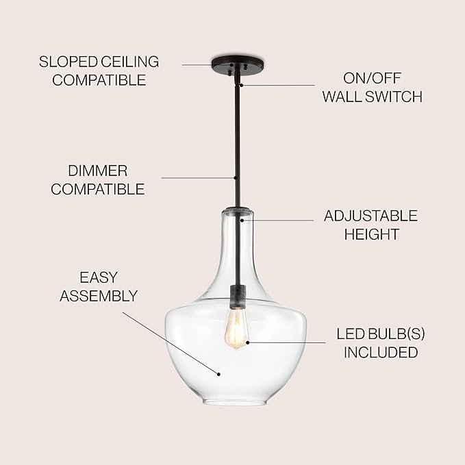 JONATHAN Y 13.25" Oil Rubbed Bronze/Clear Mid-Century Modern 1-Light LED Pendant Light Fixture, Adjustable Schoolhouse Hanging Lamp for Kitchen Island, Clear Glass Shade, LED Bulb Included (JYL6401B)