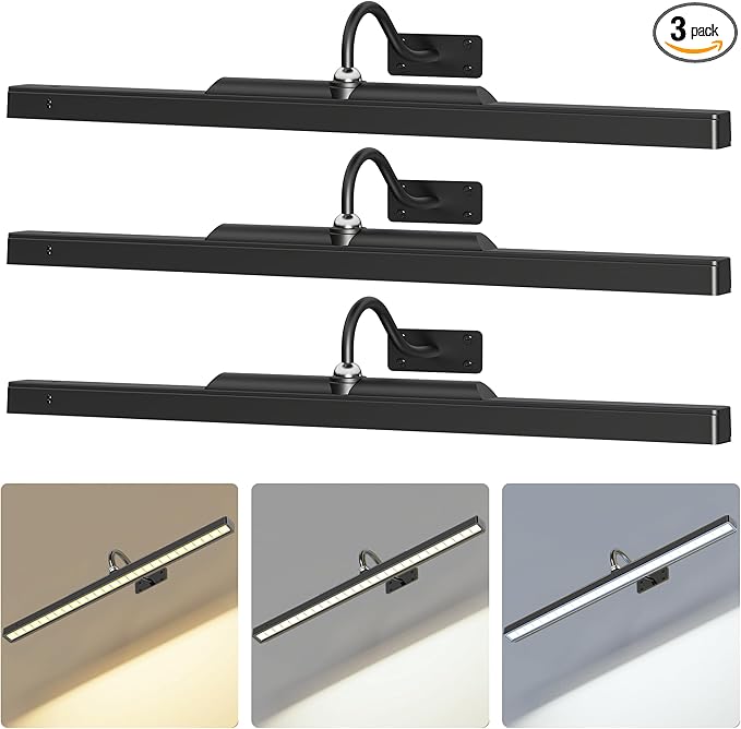 24Inch Picture Lights Battery Powered 6000mAh -3 Pack Black Wireless Remote Control Sconces for Gallery, Living Room, Museum & Large Wall Art