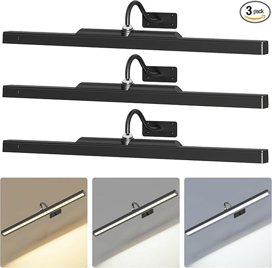 24Inch Picture Lights Battery Powered 6000mAh -3 Pack Black Wireless Remote Control Sconces for Gallery, Living Room, Museum & Large Wall Art