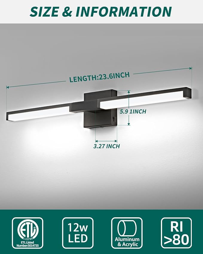 OKELI Modern Bathroom Light Fixtures Over Mirror, 24 Inch Matte Black Vanity Light Bar for Bathroom, 12W 5CCT Diammable Wall Light