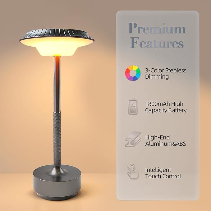Goodoo Outdoor Table Lamps Touch Control LED Wireless Lamp Night Light Portable Table Light 1800mAh Battery for Patio Restaurant Camping Coffee Shop(Grey)