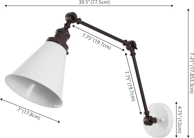 JONATHAN Y 7" White/Oil Rubbed Bronze Classic Industrial Metal Adjustable Arm LED Wall Sconce for Bedside Reading, Farmhouse Swing Arm Wall Lamp with Metal Shade, Hardwired (JYL7462C-SET2)