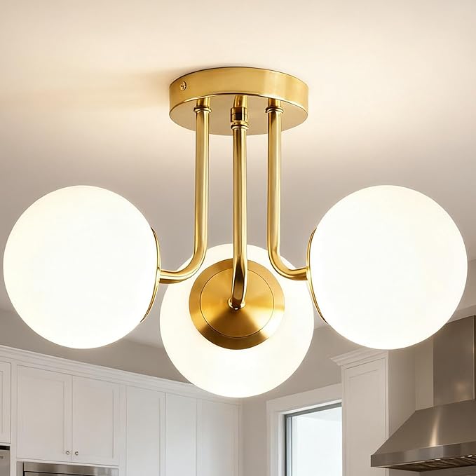 Mid Century Modern Brass 3-Light Gold Ceiling Light, Sputnik Ceiling Light Fixture with Globe White Glass, Semi Flush Mount Ceiling Light for Living Room Hallway Foyer, E26 Base