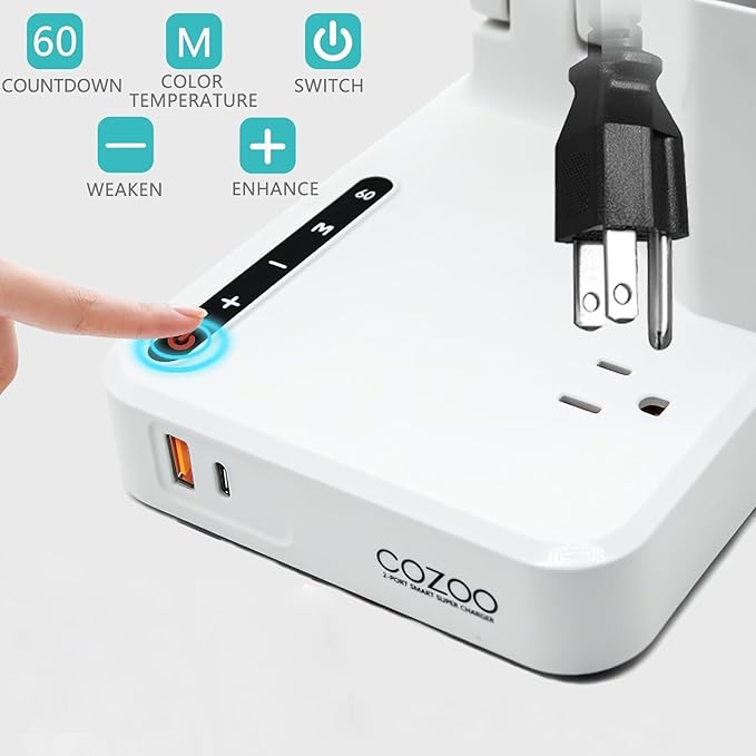 COZOO LED Desk Lamp with 2 USB Charging Ports,Type C Port,1 AC Outlet,2 Pen Holders,3 Color Temperature 3 Brightness Level,Touch/Memory/Timer,10W Eye Protection Foldable Reading Light,Study Lamp-White