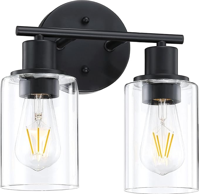 Bathroom Vanity Light Fixtures, 2-Light Black Vanity Light with Glass Shades, Matte Black Vanity Lights for Bathroom, Bathroom Lights over mirror Wall Sconces for Mirror Living Room Bedroom Hallway