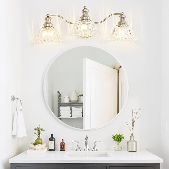 Brushed Nickel Bathroom Light Fixtures Over Mirror, 3 Light Vintage Bathroom Vanity Light Fixture with Clear Flower Glass Shades, Retro Vanity Lights for Bathroom, Bathroom Vanity Lights Over Mirror