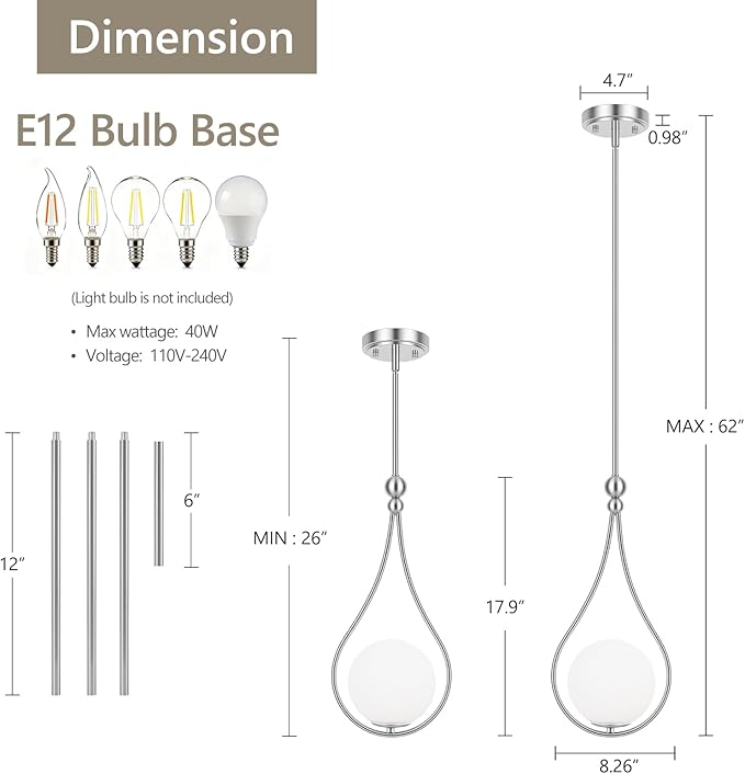 Brushed Nickel Pendant Lights with Milky White Globe Glass Pendant Lights Kitchen Island Adjustable Mid Century Hanging Pendant Light Fixtures for Kitchen Dining Room Entryway, 1 Pack