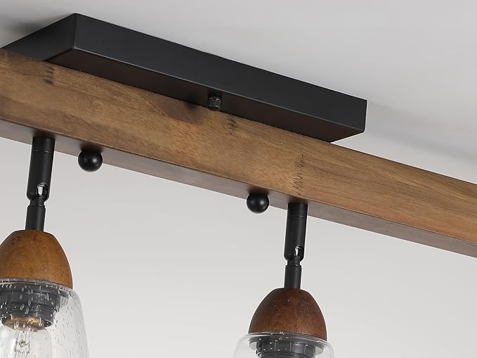 4-Light Large Rustic Farmhouse Wood Flush Mount Ceiling Light Fixture Clear Seeded Glass Shade and Oak Wood Track Semi Flush Mount Ceiling Light for Kitchen Living Room Bedroom Indoor, Black