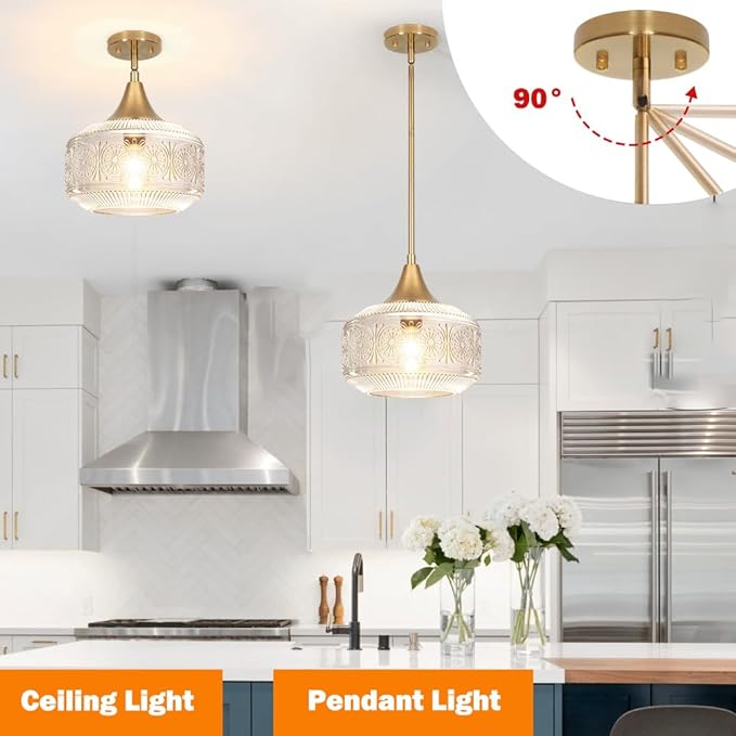 9'' Vintage Gold Pendant Light with Clear Glass, Adjustable Pendant Lighting for Kitchen Island Brushed Pendant Lights Convertible Ceiling Mount Or Hanging Fixture for Hallway Bathroom,Brown Bronze
