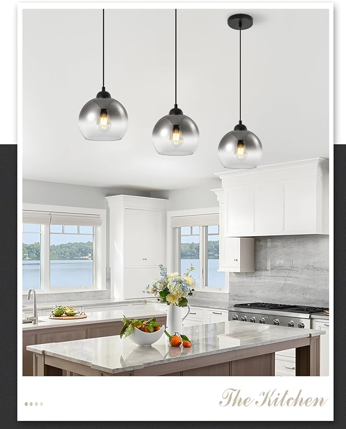 Modern Gradient Smoke Gray Glass Pendant Light，7.8-Inch Globe Adjustable Hanging Pendant Light for Bedroom Kitchen Island Dining Room Stairwell