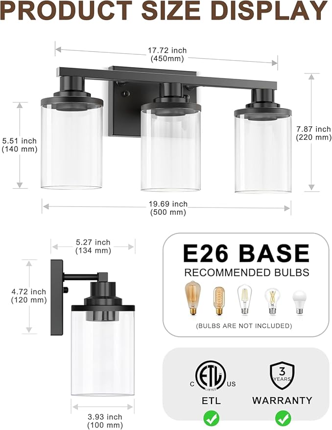 DORESshop 20 Inch Bathroom Light Fixtures, 3-Light Black Bathroom Lighting Fixtures Over Mirror with Clear Glass Shade, Vanity Lights for Bathroom Living Room Bedroom, ETL Listed