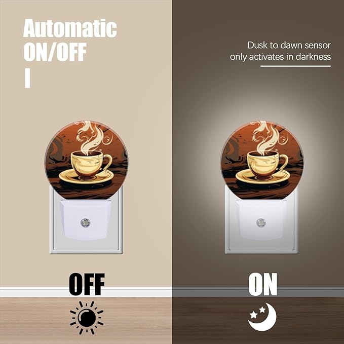 Round LED Night Lights Lamp with Dusk to Dawn Sensor, Steaming Cup of Coffee with Steam Rising Night Light Plug Into Wall for Kids Room, Bedroom, Bathroom, Kitchen, Hallway