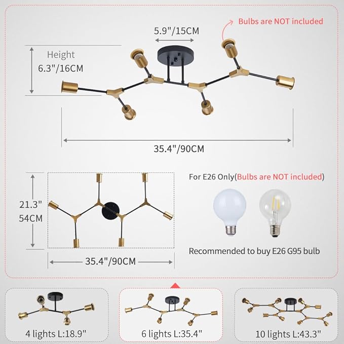 Modern Mid Centur 6 Light Semi Flush Mount Ceiling Lighting Fixture for Living Room Bedroom Dining Room Hallway Kitchen Office,Minimalist Gold and Black Sputnik Chandelier