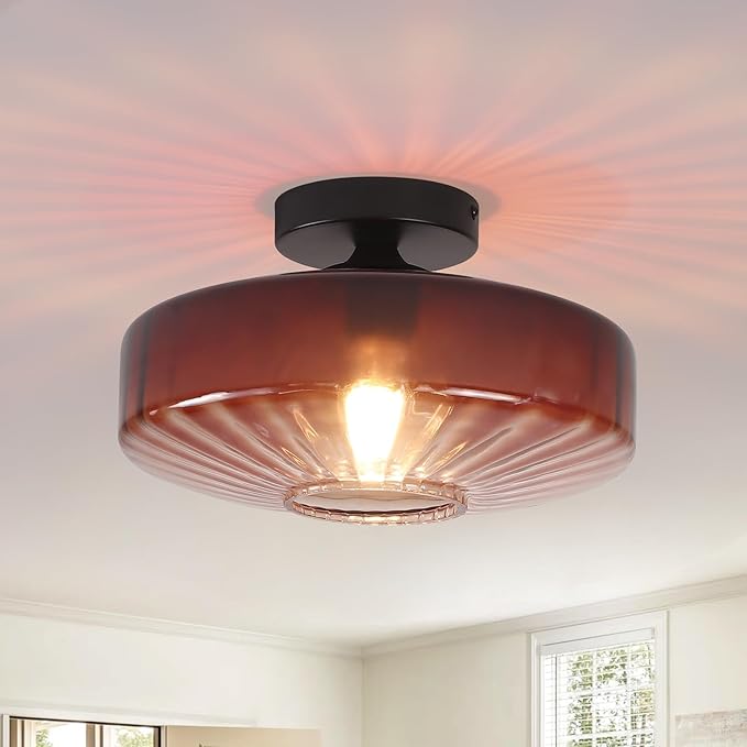 Mid Century Ceiling Light, 11.8 Inches Glass Semi Flush Mount Ceiling Light Retro Small Chandelier Mid Century Vintage Modern Coffee Glass Overhead Lighting E26