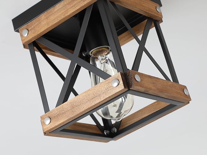 2 Pack Rustic Farmhouse Wood Flush Mount Ceiling Light Fixture Oak Wood and Metal Square Cage Small Semi Flush Mount Ceiling Light for Kitchen Hallway Entryway Bedroom Farmhouse Country, Black