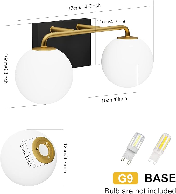 Tipace 2 Lights Mid Century Vintage Bathroom Vanity Light Fixtures Over Mirror Black Gold Industrial Vanity Lights with Milk White Glass Globe Farmhouse Bath Lighting(Exclude Bulb)