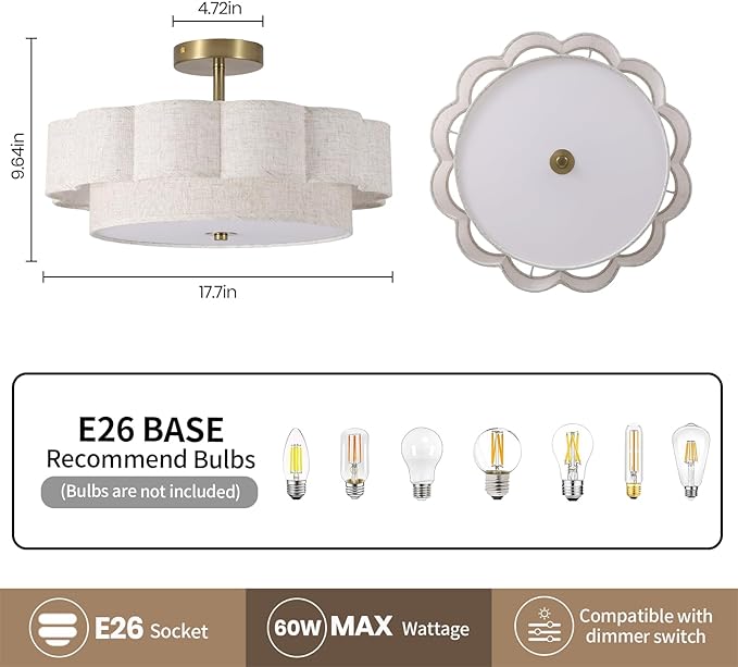17.7" Modern Drum Semi Flush Mount Ceiling Light,3-Lights White Drum Ceiling Lighting Fixture,Vintage 2-Layer Linen Ceiling Lamp for Dining Room,Kitchen, Basement, Bedroom, Laundry Room