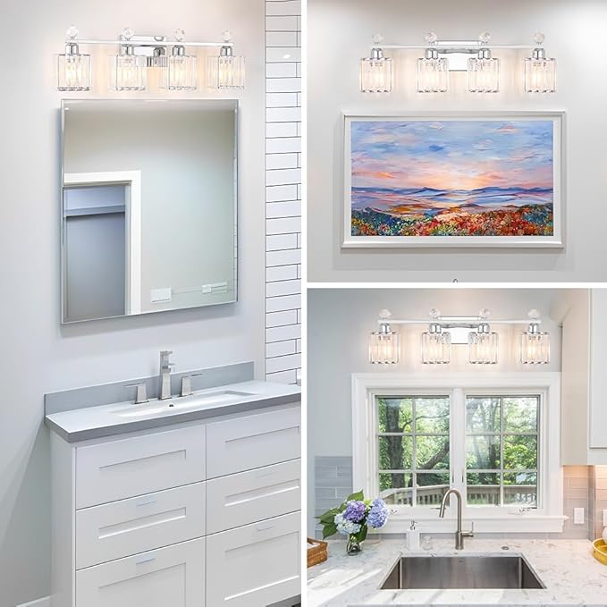 Lxybcce Bathroom Vanity Lights Over Mirror - Easy Installation with Clear Guide, 4-Light Shadow-Free Design, Chrome Crystal Finish - for Modern Home Bathroom Lighting Fixtures in DIY Projects