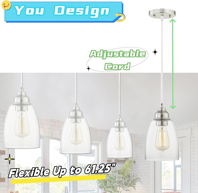 WISBEAM Brushed Nickel Pendant Lighting Fixture, Kitchen Island Hanging Lights with E26 Medium Base Max. 60 Watts, ETL Rated, Bulbs not Included, 2-Pack