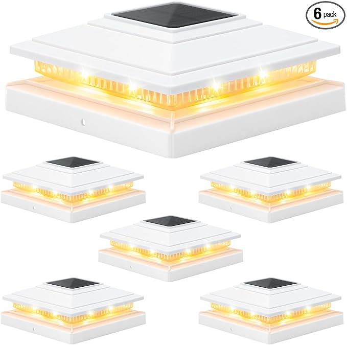 APONUO Solar Post Cap Lights 6-Pack, White IP64 Waterproof 16 LED Fence Post Solar Lights for 4x4 5x5 6x6 Wood/Vinyl Posts, 2-Mode Deck Post Lights Solar Powered, 10-Hr Lighting for Patio Yard Porch
