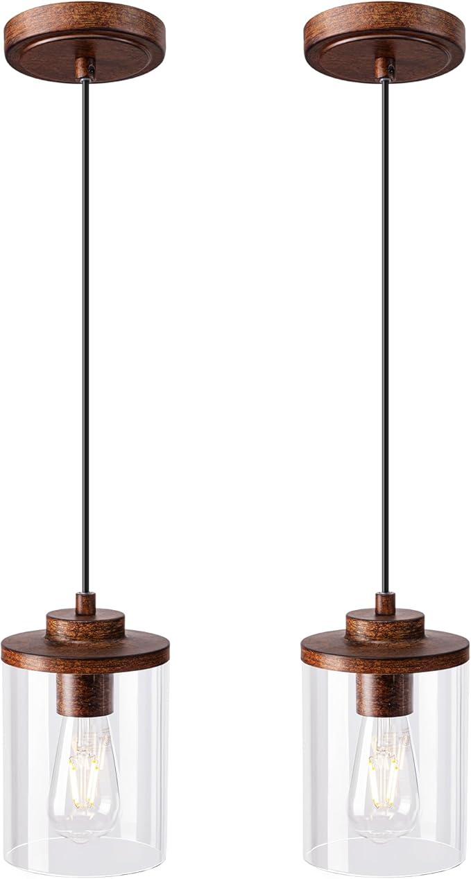 EDISHINE 2 Pack Farmhouse Pendant Lights Kitchen Island, Adjustable Pendant Light Fixtures with Brown Wood Grain Finish and Clear Glass Shade, Island Lights for Kitchen, Hallway(Bulb Not Included)