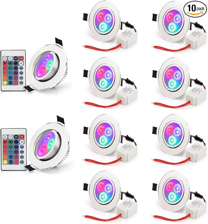 Esbaybulbs Pack of 10 LED Color Changing Recessed Lighting 3W RGB Downlight Ceiling Light with Remote Control
