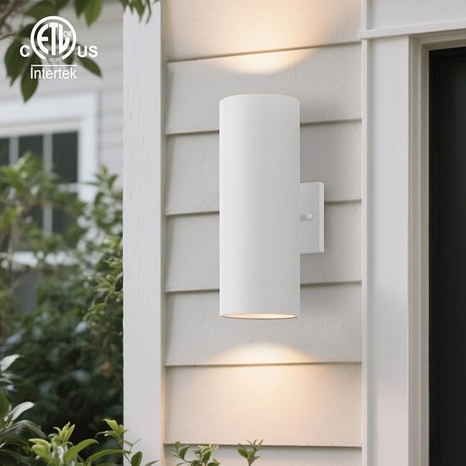 mirrea 14" Modern Outdoor Porch Light Patio Light in 2 Lights with Aluminum Cylinder and Tempered Glass Cover Waterproof Wall Sconce 2 Pack (Matte White)