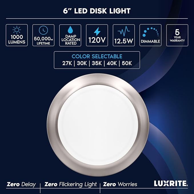 LUXRITE 6 Inch LED Disk Lights, Dimmable Flush Mount Ceiling Light, 5CCT Selectable 2700K 3000K 3500K 4000K 5000K, 12.5W, 1000LM (Brushed Nickel, 1 Count (Pack of 1))