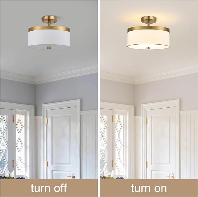3-Light Flush Mount Ceiling Light,12”Close to Ceiling Light Fixture, Modern Gold Ceiling Light with White Fabric Shade Design for Hallway,Bedroom,Entryway or Laundry