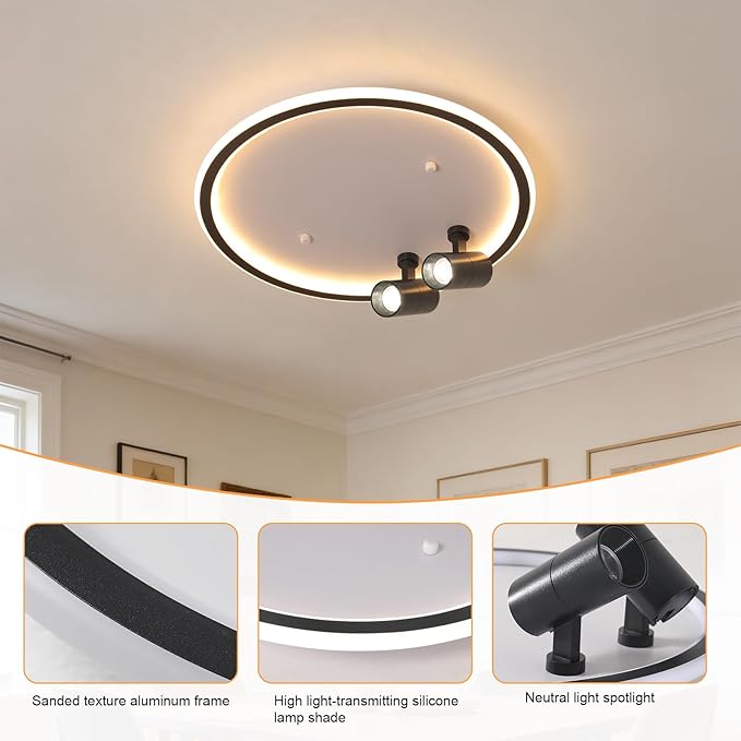 Modern LED Bedroom Ceiling Light, 2 Adjustable Spotlights, Dimmable Round Close to Ceiling Lamp, Black White Minimalist Lighting for Living Room Bedroom Kitchen Dining Room