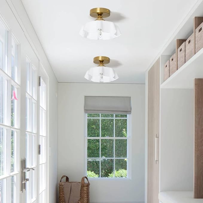 9.4in Vintage Brass Gold Semi Flush Mount Ceiling Light with Milk White Glass Shade, Farmhouse Antique Ceiling Lighting Fixture for Hallway Closet Small Room Kitchen Entryway Porch, Bulb Not Included