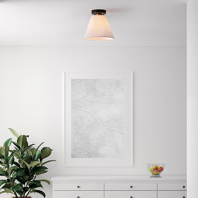 Globe Electric 1-Light Semi-Flush Mount Ceiling Light, Matte Black with Matte Brass Accent, White Linen Shade, Dimmable, E26 Base, Transitional Style, 66000137
