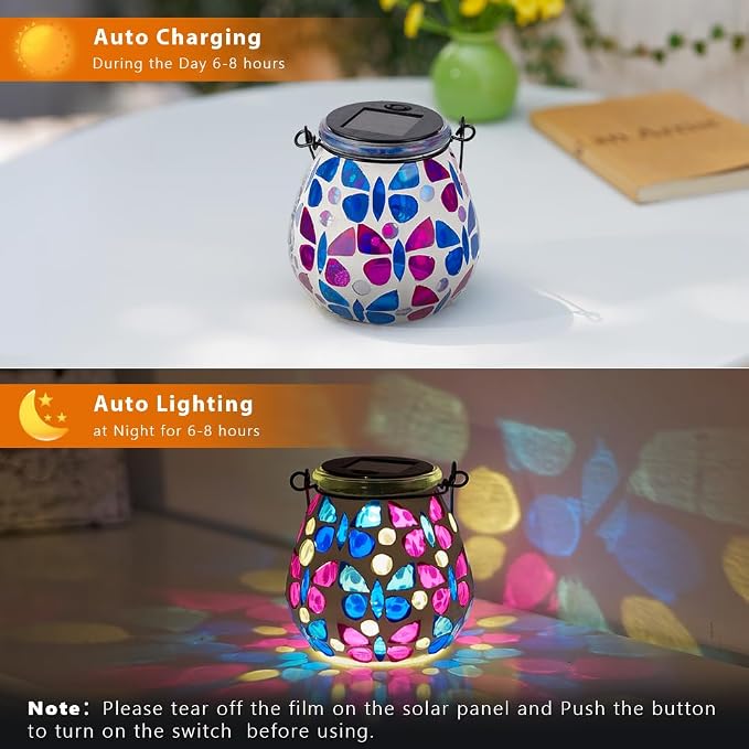 Stargarden 4 Pack Mosaic Solar Lanterns, Glass Hanging Lantern Waterproof Outdoor Hanging Solar Lights Butterfly Decorative Lantern for Garden ,Patio,Yard Decor