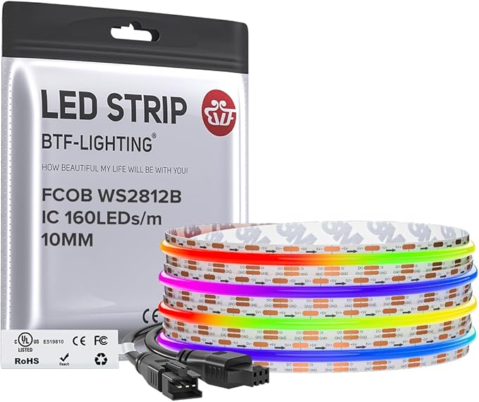 BTF-LIGHTING FCOB COB WS2812B IC RGB LED Strip DC5V 9.8FT Individual Addressable 160LED/m 480LEDs 480IC,UL Listed,Dream Color IP30 High Density Light 10mm Width for Decor(No Adapter or Controller)